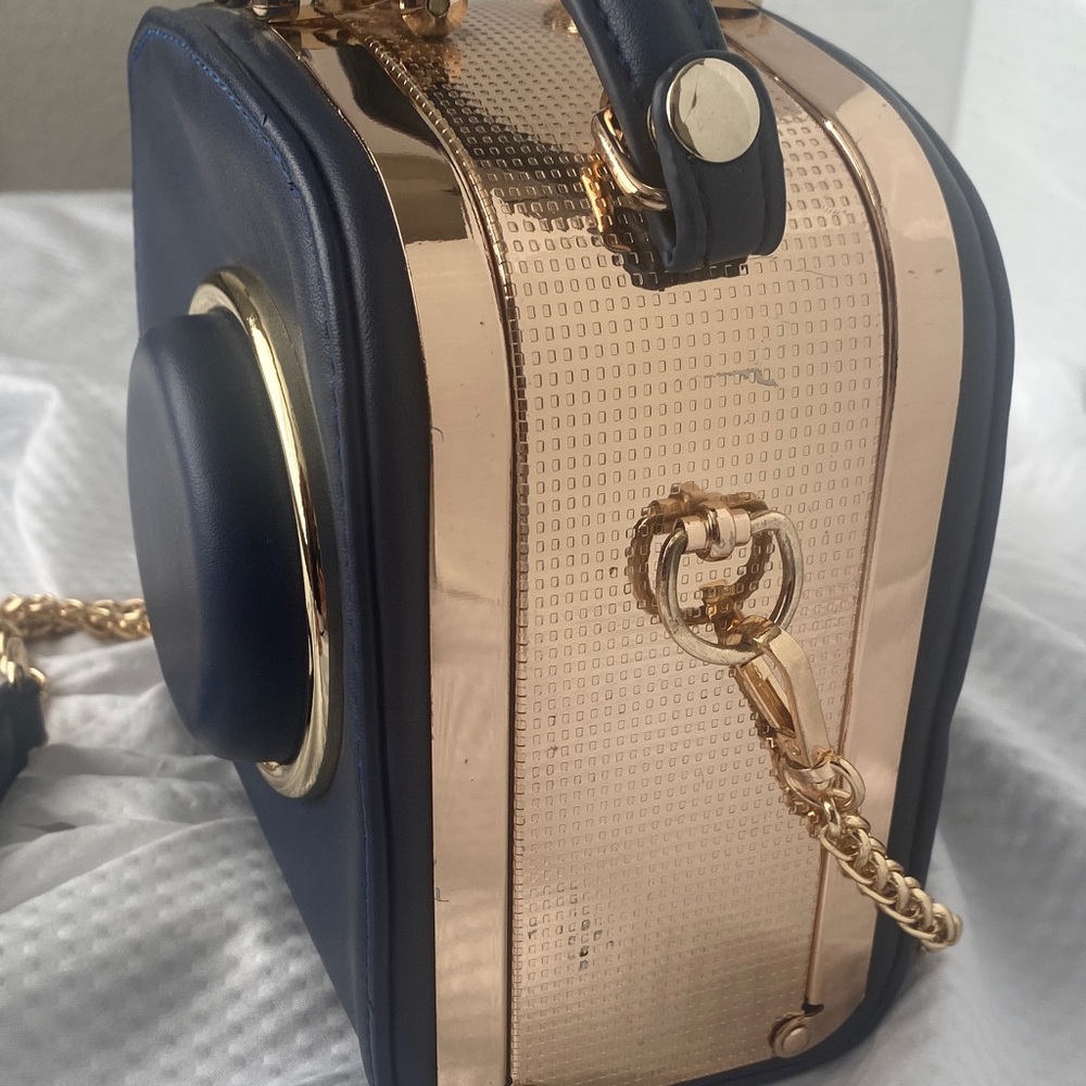 Camera Purse Elegant Navy Blue and Gold Women's Mini Handbag NWOT - Picture 6 of 14